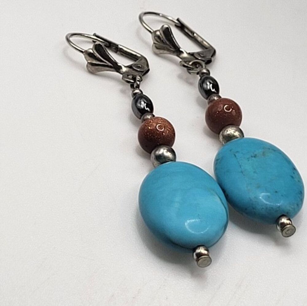 Boho Turquoise Goldstone Hematite Dangle Drop Leverback Earrings 2.25in SWestern